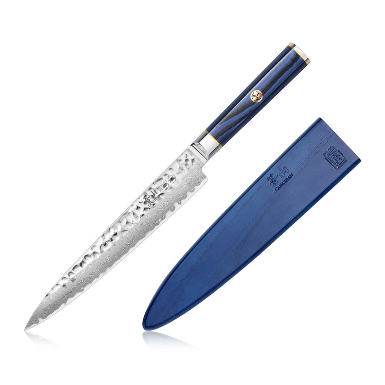 8-inch sashimi knife with hammered steel blade and blue handle, next to a matching blue sheath.
