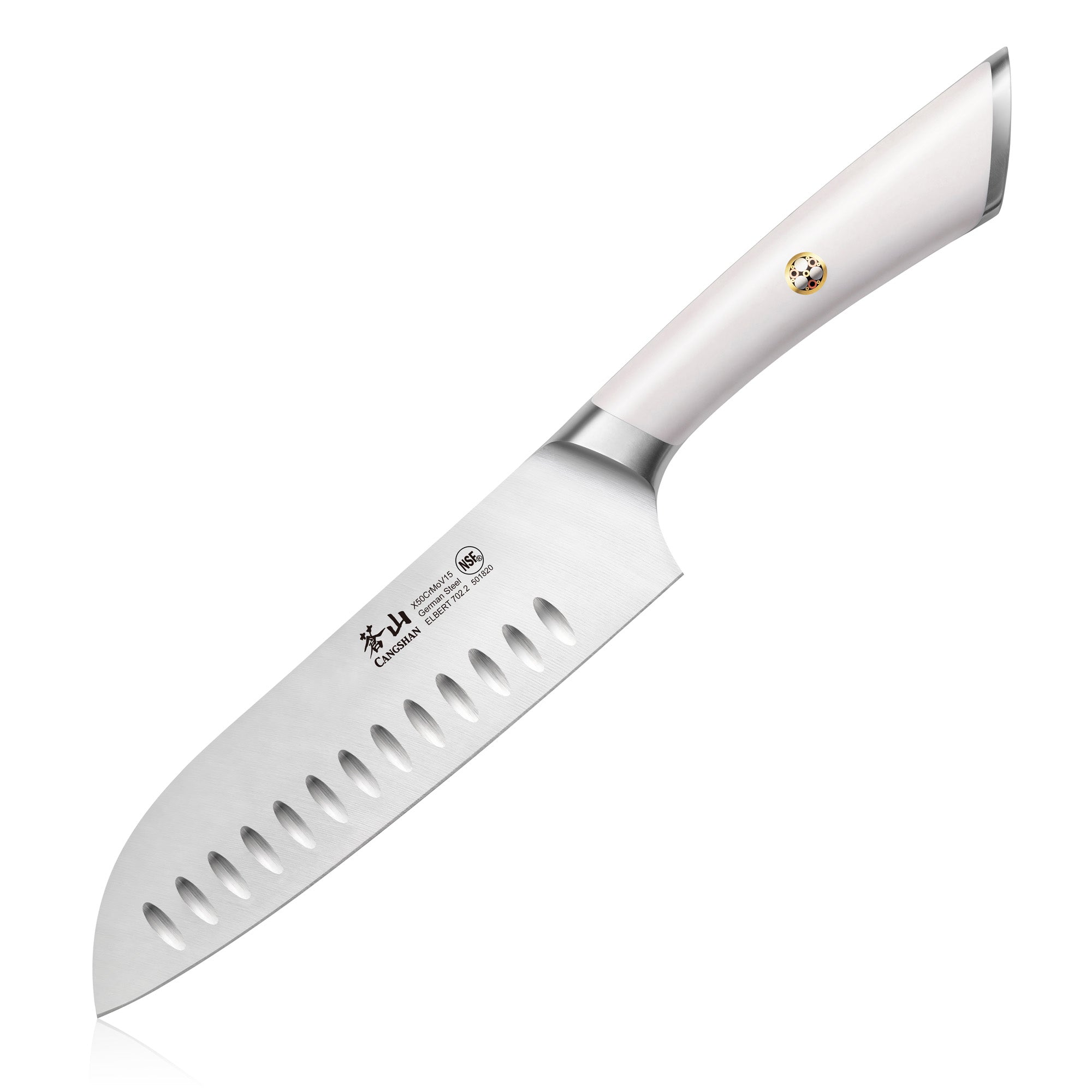 7-inch Santoku knife with white ergonomic handle and hollow edge blade made of forged German steel.