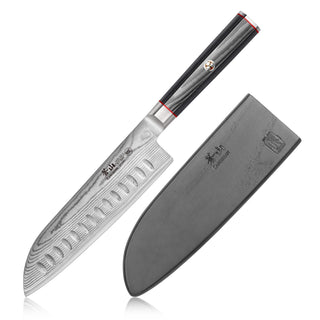 
                    
                      7-inch Santoku knife with patterned Damascus steel blade and black handle, shown with black protective sheath.
                    
                  