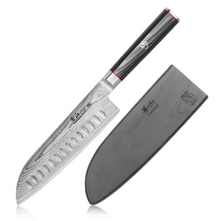 7-inch Santoku knife with patterned Damascus steel blade and black handle, shown with black protective sheath.