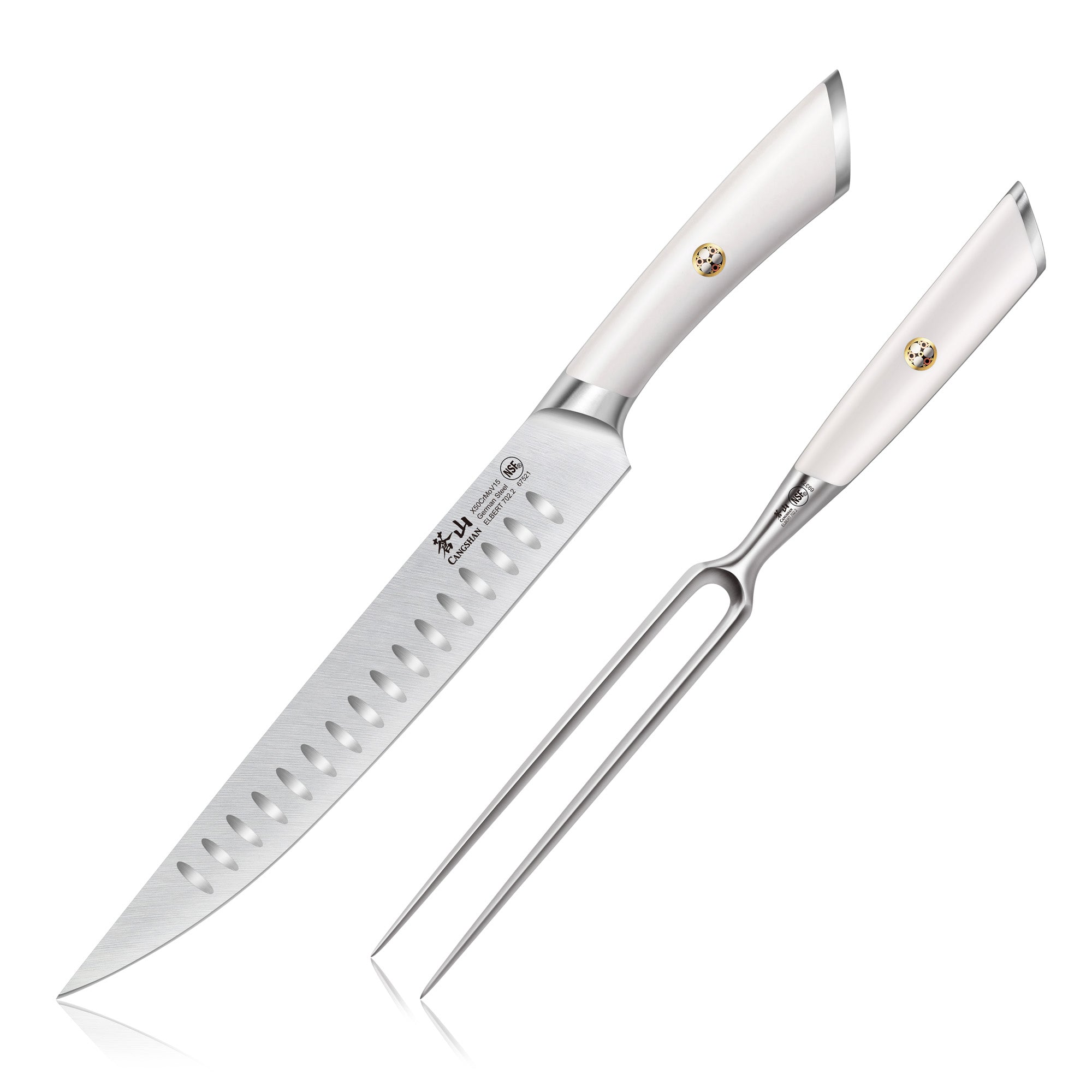 Carving knife and two-prong fork with white handles and stainless steel blades on white background.