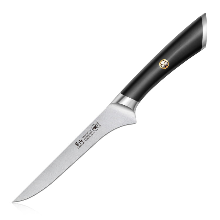 6-inch boning knife with curved black handle and stainless steel blade, featuring brand markings on the blade.