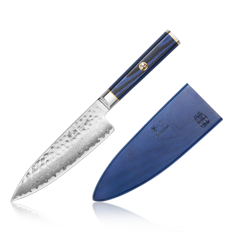 6-inch chef's knife with hammered Damascus steel blade and blue handle, shown with matching blue sheath.