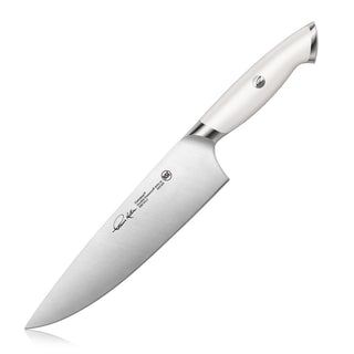 
                    
                      TKSC 8-Inch Chef's Knife with a white handle and stainless steel blade featuring engraved branding and signature.
                    
                  