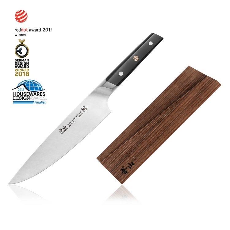 8-inch chef knife with black handle and wooden sheath, displayed with award logos on white background.
