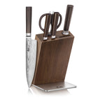 MAYA Series 6-Piece Knife Block Set with X-7 Damascus Steel blade, dark wood handles, kitchen shears, and walnut block.