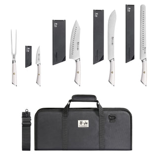 
                    
                      Six-piece BBQ knife set with black handles, including fork, paring, chef, carving, and bread knives, plus black carrying bag.
                    
                  
