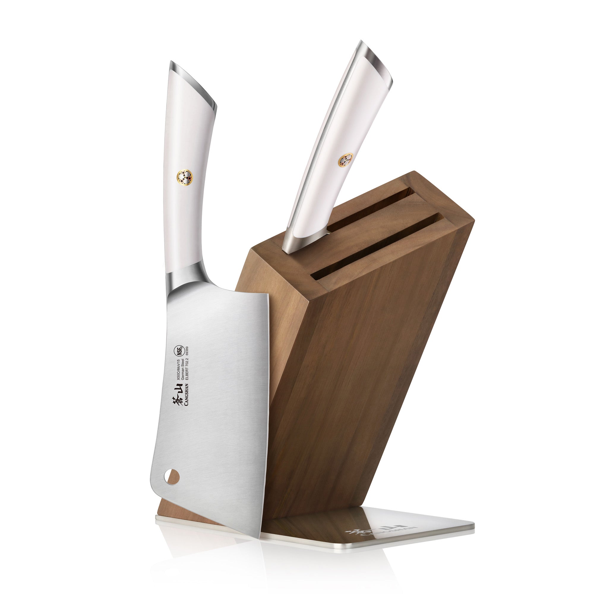 Wooden knife block holding two cleaver knives with stainless steel blades and white handles.