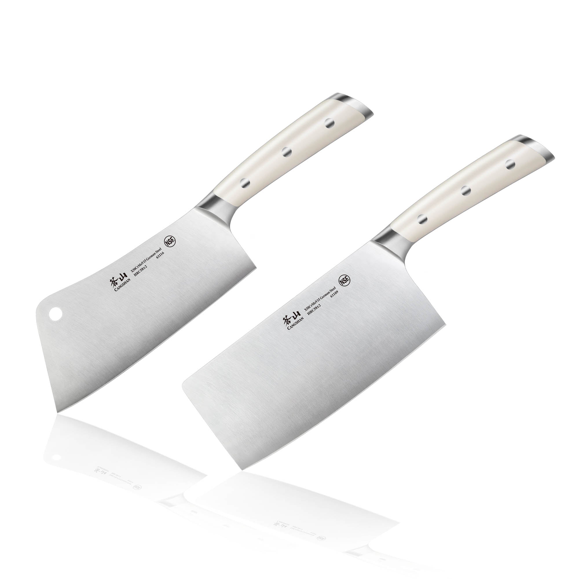 Two stainless steel cleaver knives with white handles, one with a hole near the blade tip, displayed on a white background.
