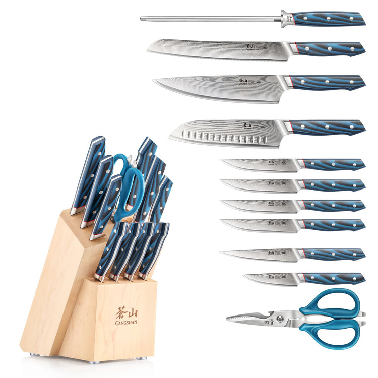 12-piece knife block set with blue handles, including chef, santoku, paring knives, sharpening steel, scissors, and maple blo