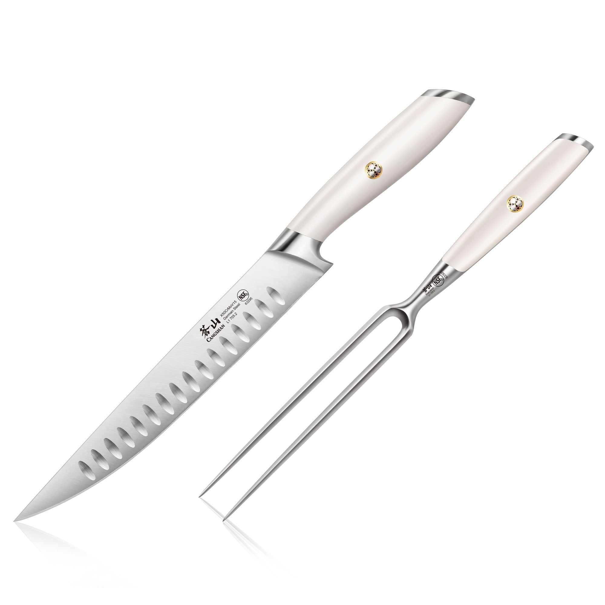 Carving knife and carving fork with white handles and stainless steel blades on a white background.