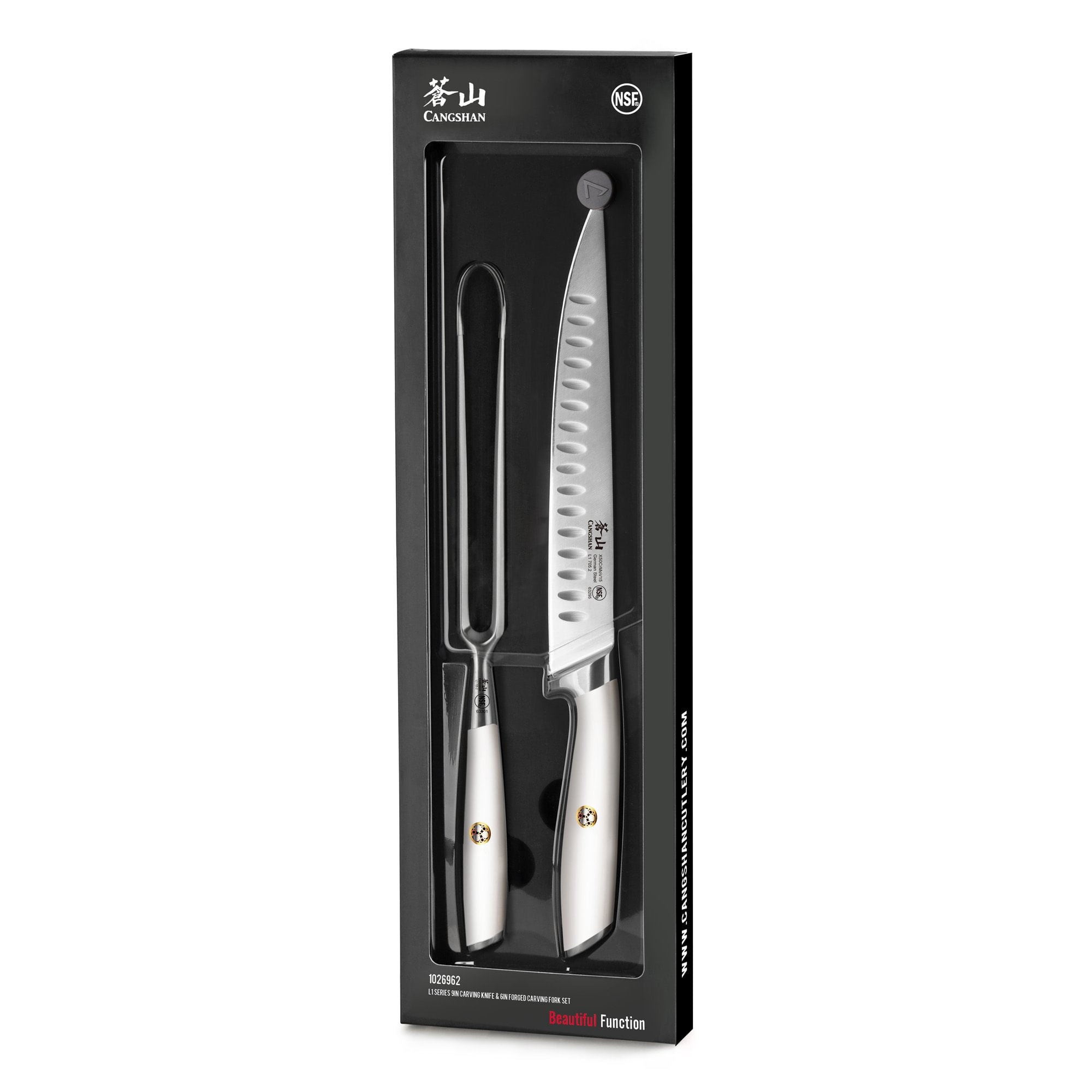 Black carving fork and carving knife with silver handles in black packaging labeled with brand and product details.