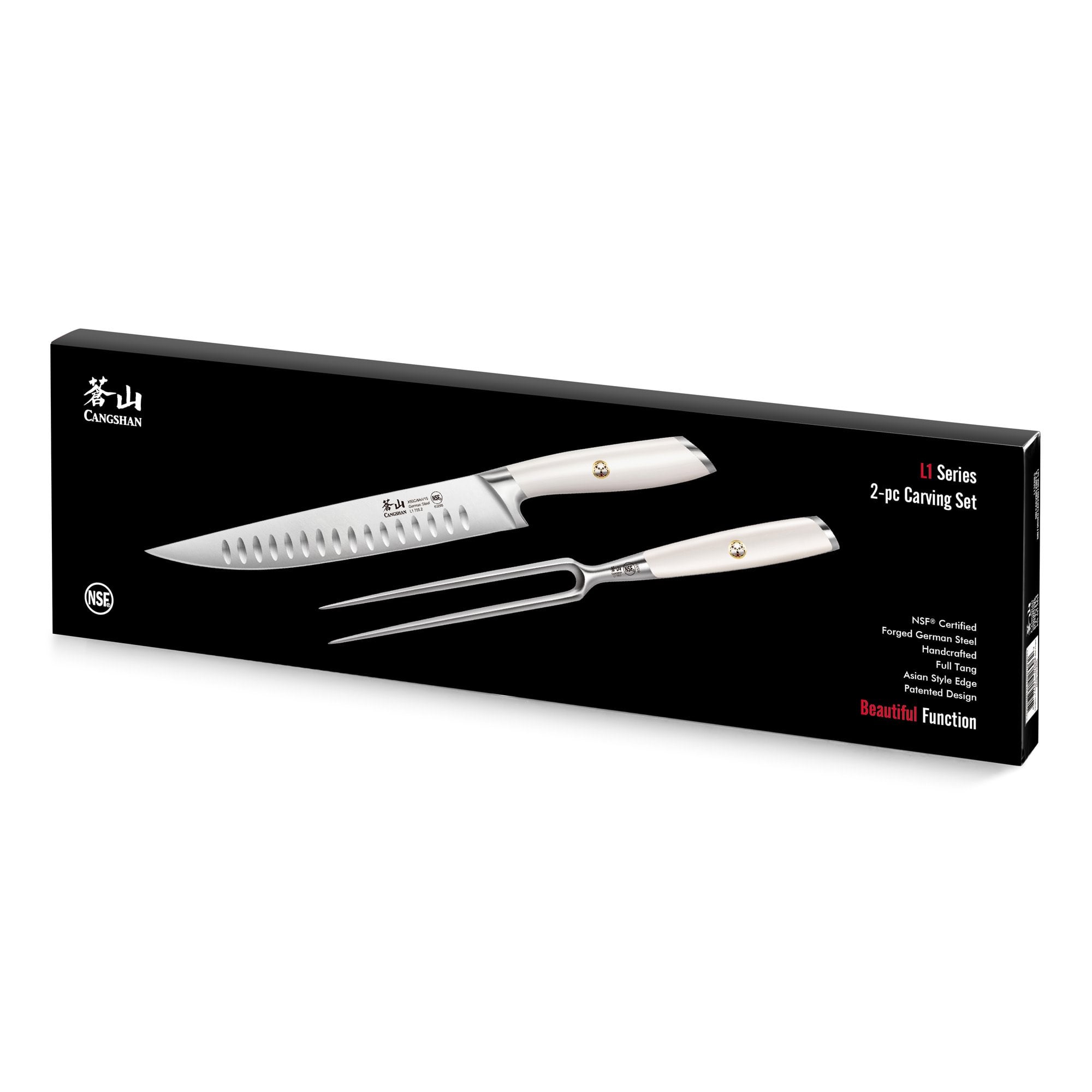 Black box packaging displaying a carving knife with a textured blade and a two-prong carving fork with white handles.