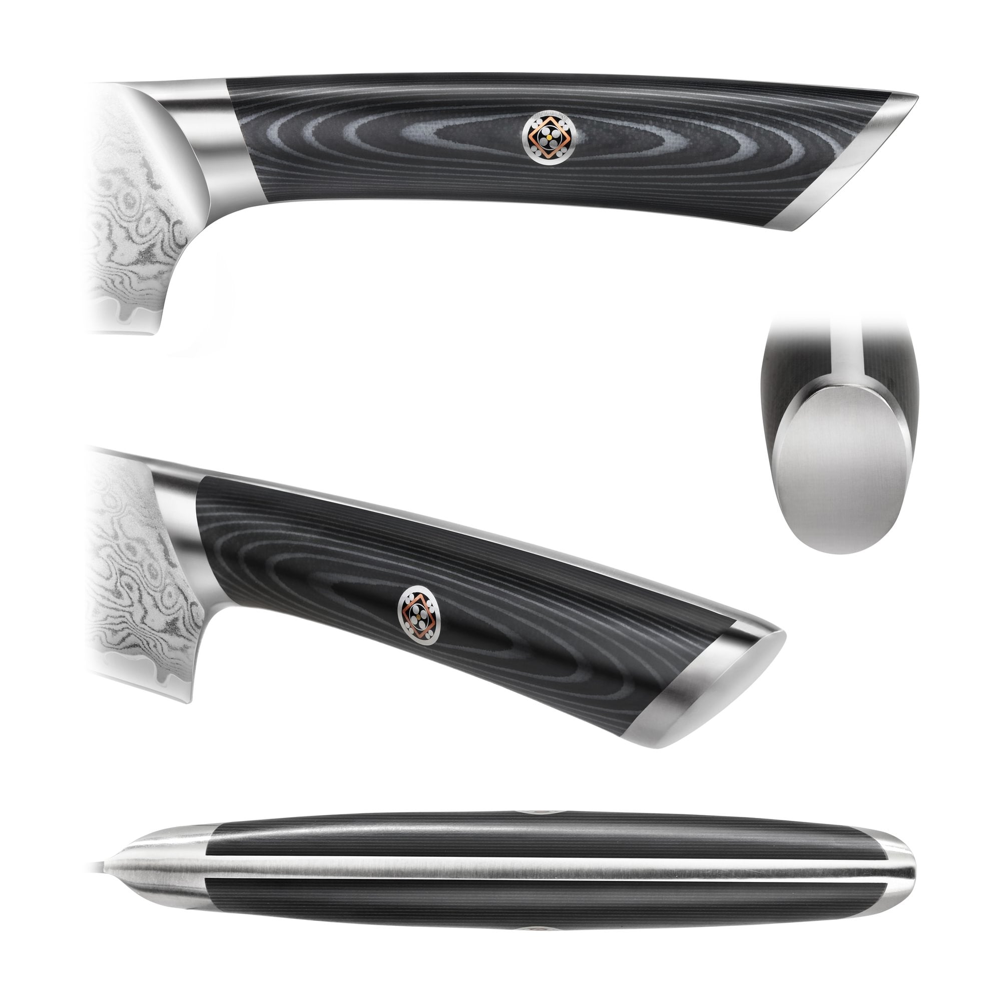 Close-up views of a knife handle with black wood grain, metal bolsters, and a decorative circular emblem.