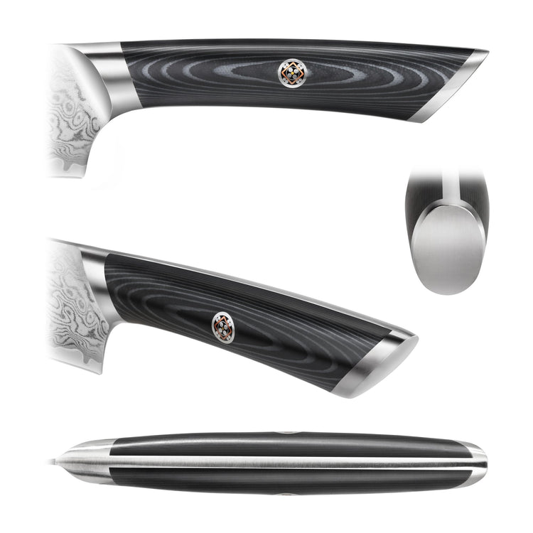 Close-up views of a knife handle with black wood grain, metal bolsters, and a decorative circular emblem.