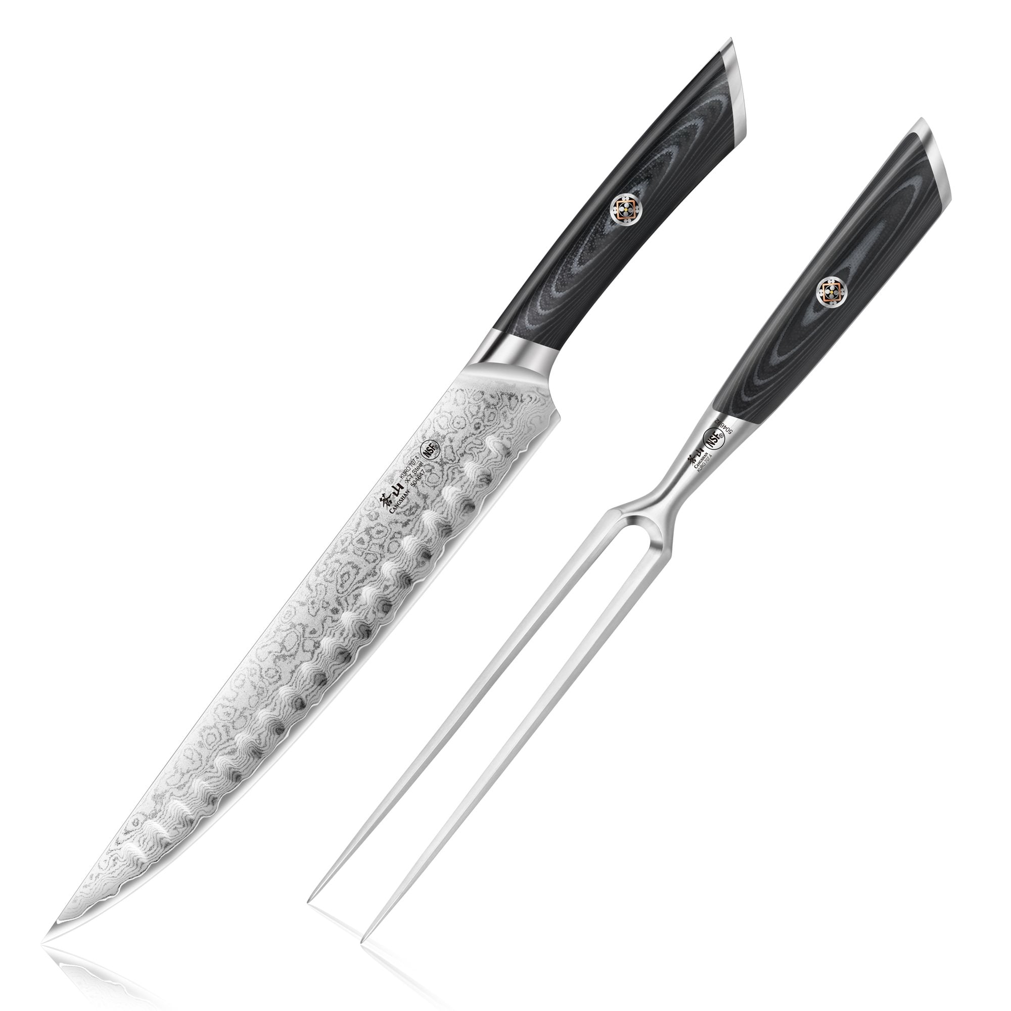 Two-piece carving set with patterned steel blade knife and two-prong fork, both with black handles.