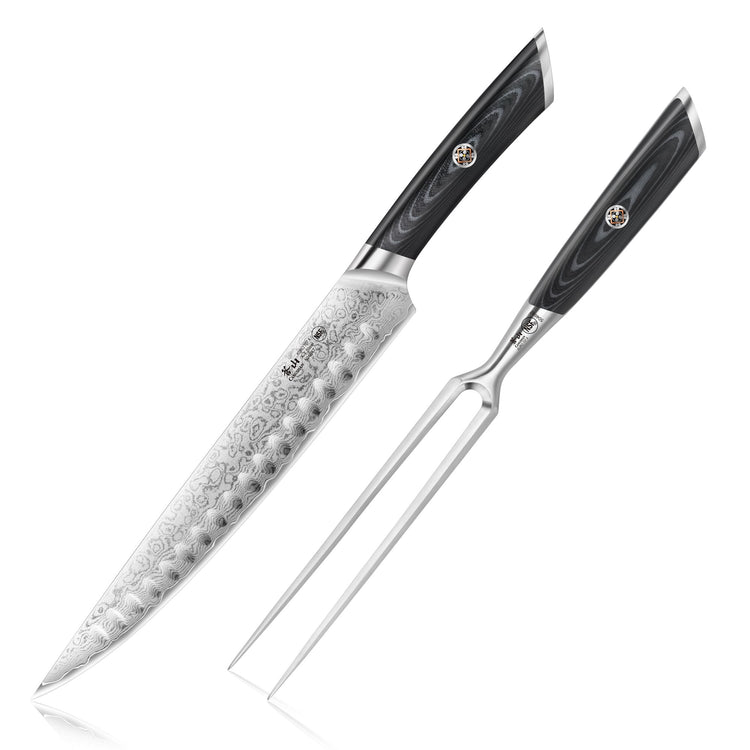 Two-piece carving set with patterned steel blade knife and two-prong fork, both with black handles.