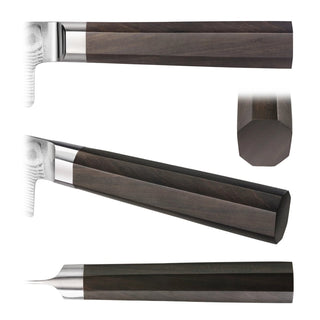 
                    
                      Knife handle shown from multiple angles, made of dark walnut wood with a metal bolster and octagonal shape.
                    
                  
