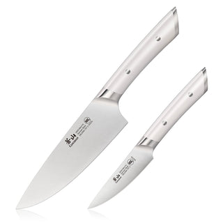 
                    
                      Two-piece kitchen knife set with white handles, including a chef knife and a paring knife.
                    
                  