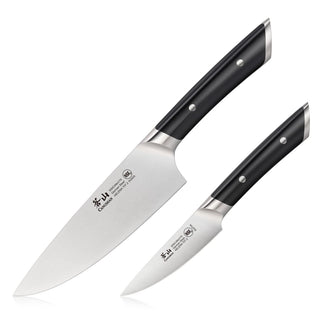 
                    
                      Two kitchen knives, a chef knife and paring knife, with silver blades and black riveted handles.
                    
                  