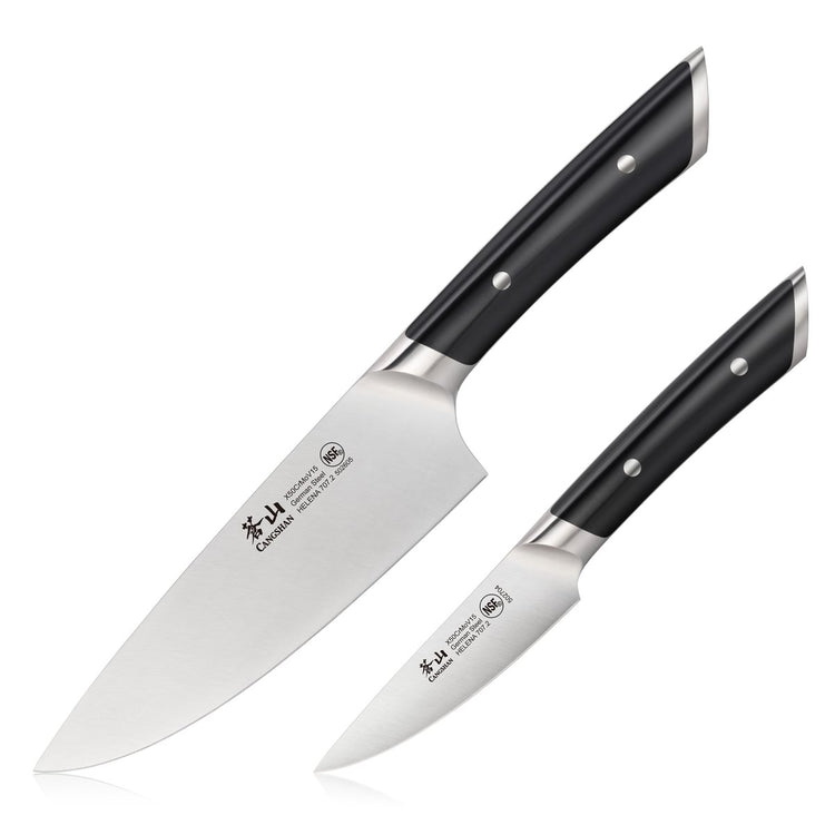 Two kitchen knives, a chef knife and paring knife, with silver blades and black riveted handles.