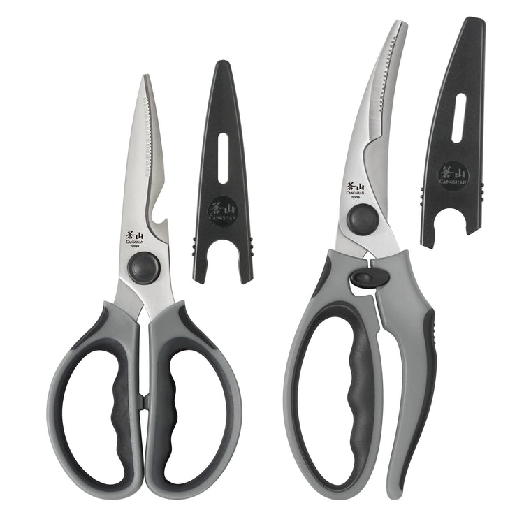 Two gray heavy-duty kitchen shears with black handles, each paired with a black protective guard.