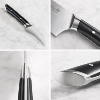 
                    
                      Curved peeling knife with black handle and stainless steel blade shown from multiple close-up angles.
                    
                  