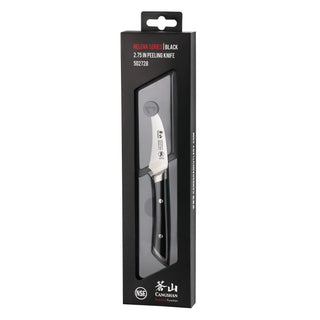 
                    
                      Black-handled 2.75-inch peeling knife with stainless steel blade in black retail packaging.
                    
                  