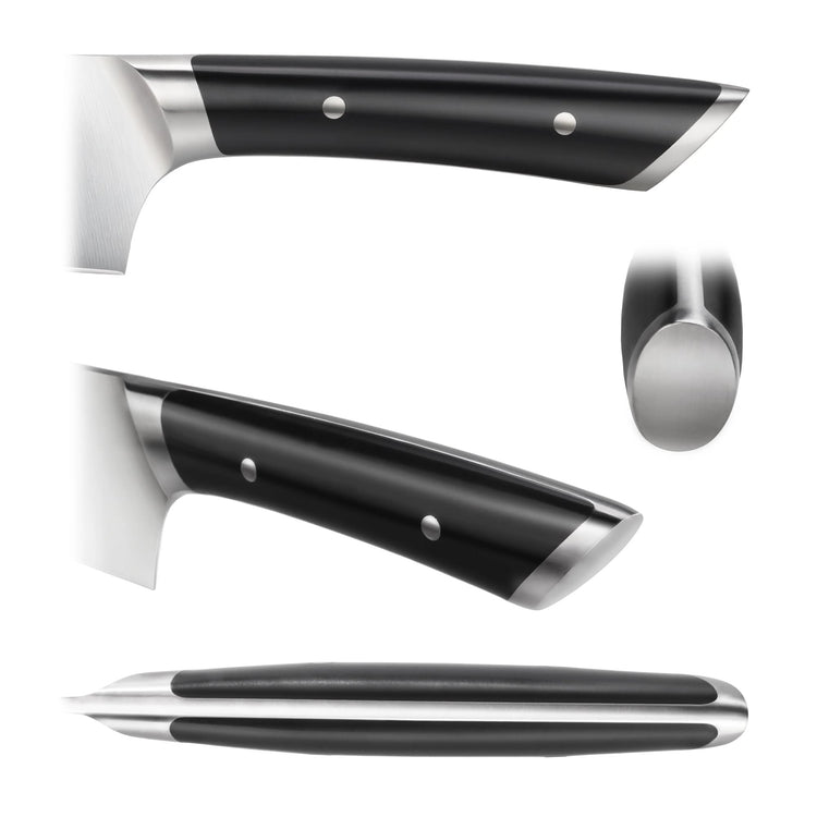Black peeling knife handle with stainless steel bolsters and rivets, shown from three angles.