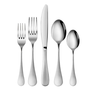 
                    
                      Five stainless steel flatware pieces with matte finish handles: salad fork, dinner fork, knife, tablespoon, and teaspoon.
                    
                  
