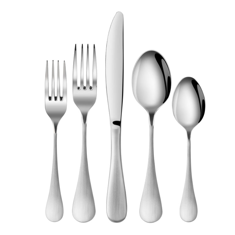 Five stainless steel flatware pieces with matte finish handles: salad fork, dinner fork, knife, tablespoon, and teaspoon.