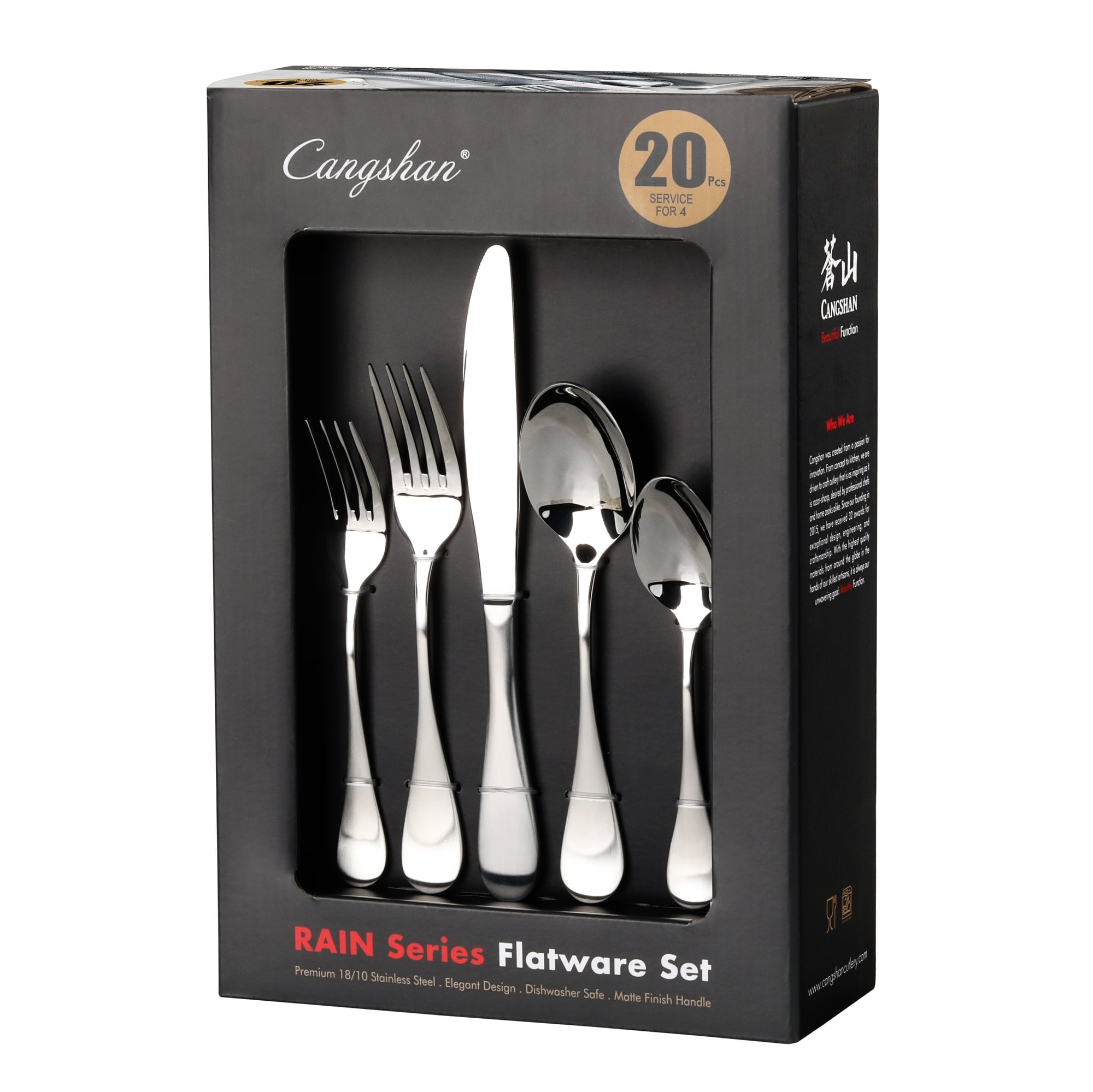 20-piece flatware set with forks, knives, and spoons in stainless steel displayed in black packaging.