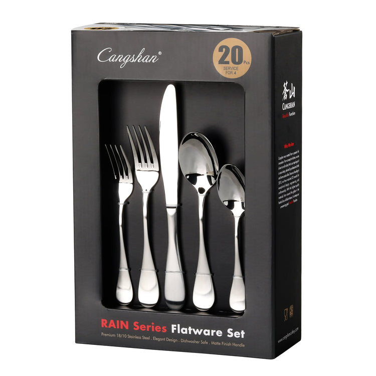 20-piece flatware set with forks, knives, and spoons in stainless steel displayed in black packaging.