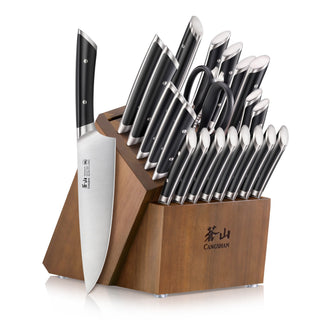 
                    
                      Wooden knife block holding 23 knives and kitchen shears with black handles and stainless steel blades.
                    
                  