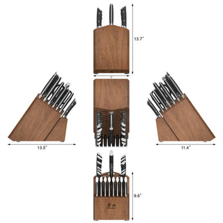 
                    
                      Wooden knife block set with multiple knives, shown from front, back, top, and side views with dimensions.
                    
                  
