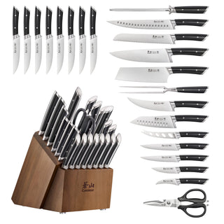 
                    
                      23-piece knife set with various blade types, sharpening rod, kitchen scissors, and wooden block with handles.
                    
                  
