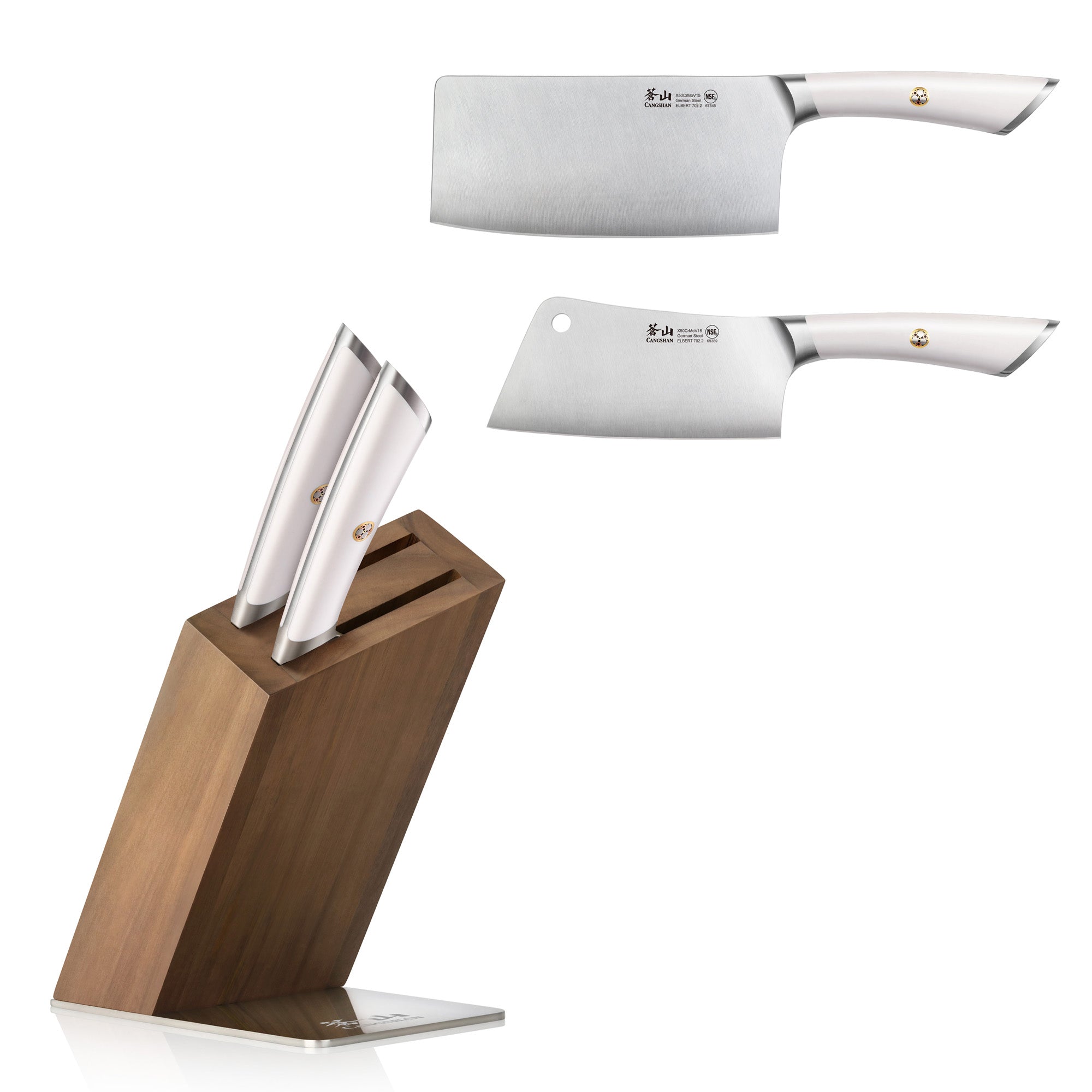 Two forged steel cleaver knives with white handles and a wooden knife block with two knives inserted.