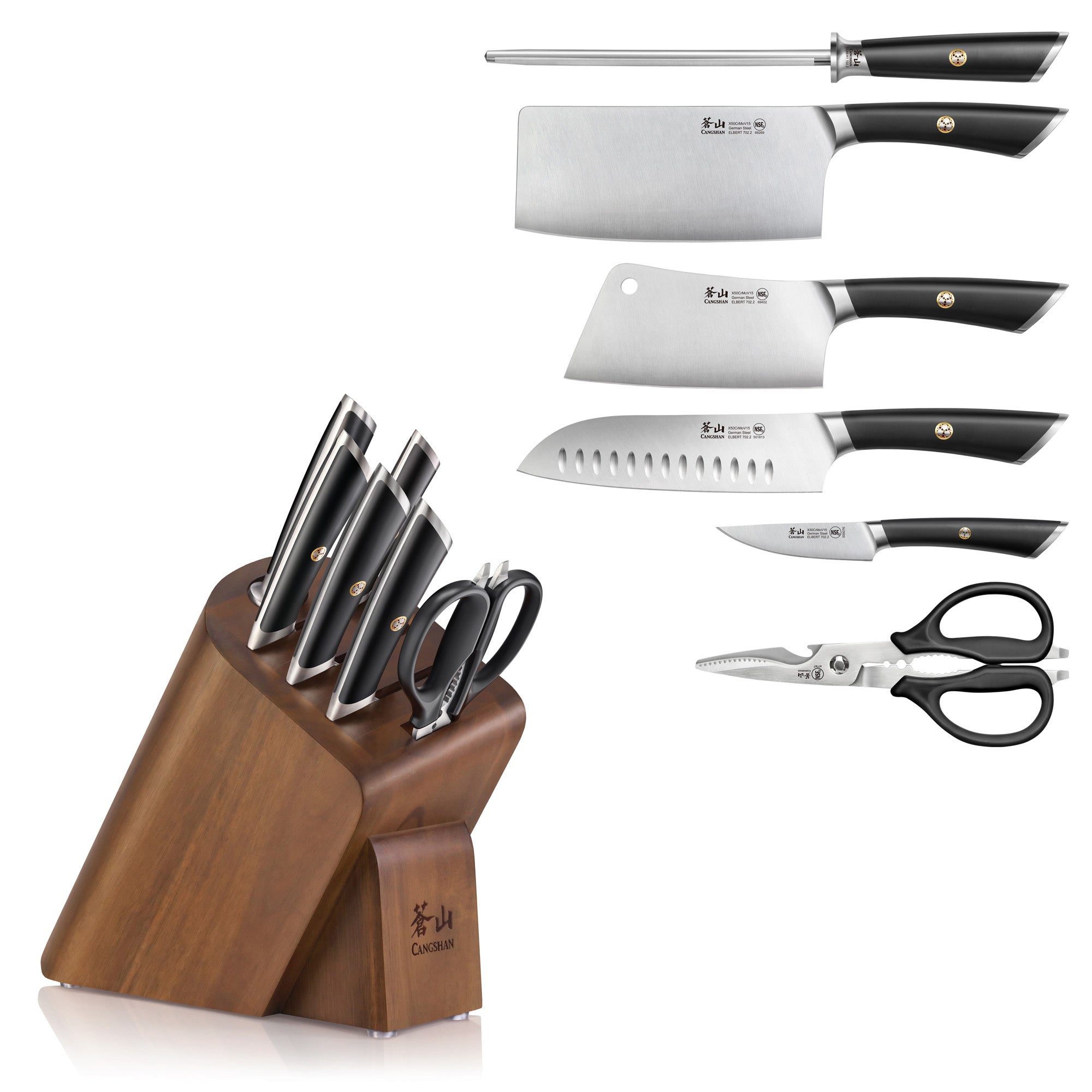 Knife block set with five knives, kitchen scissors, and a sharpening rod in a wooden holder.