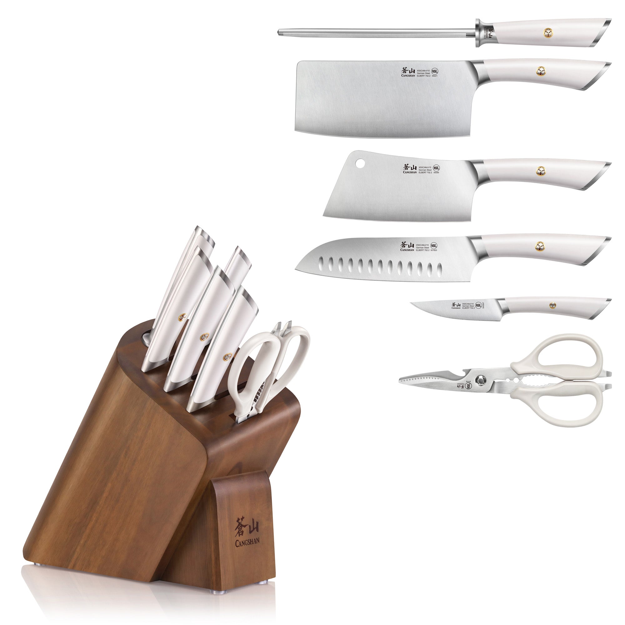 Knife block set with five stainless steel knives, sharpening rod, and kitchen scissors in acacia wood holder.