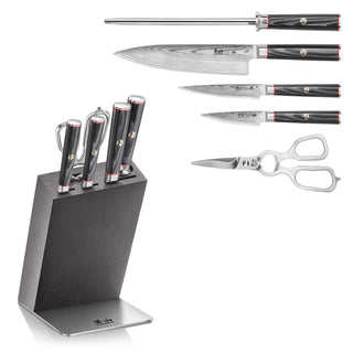 
                    
                      Six-piece knife set with four knives, sharpening rod, kitchen shears, and black angled block with metal base.
                    
                  