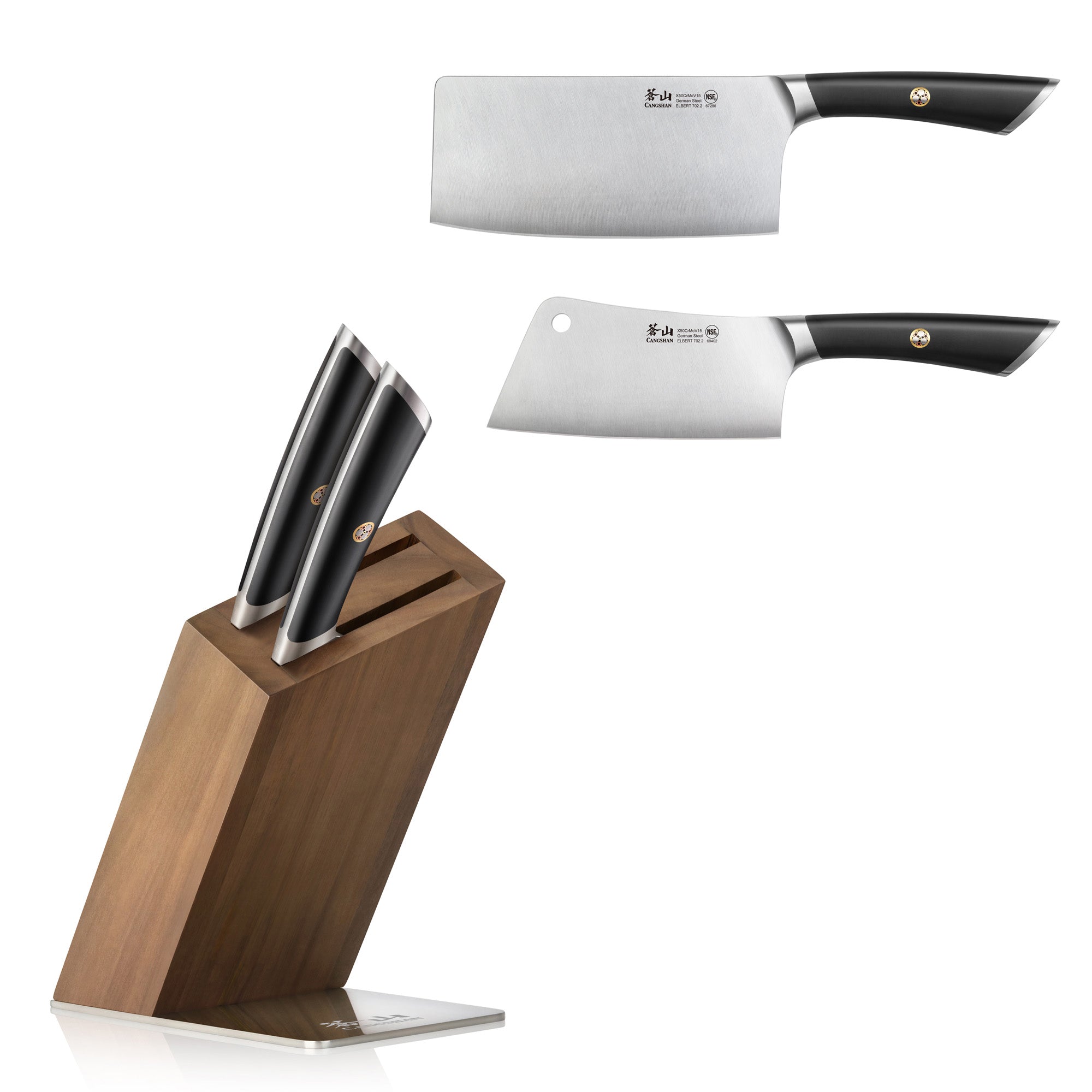 Two forged steel cleaver knives with black handles and a wooden knife block holding two knives.