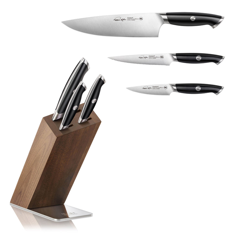 Four-piece knife set with black handles and stainless steel blades, displayed with an angled wooden block stand.