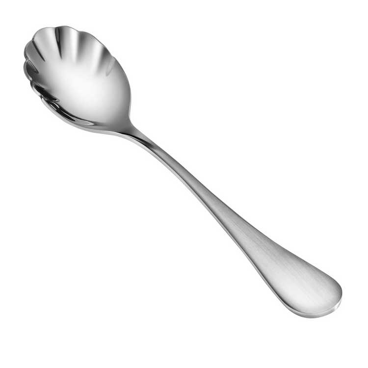 Stainless steel sugar spoon with scalloped bowl and matte finish handle from the RAIN Series.