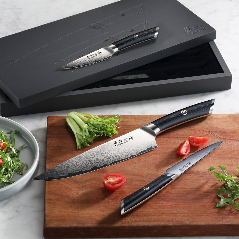 
                  
                    Load image into Gallery viewer, KURO Series 3-Piece Starter Knife Set with Ash Wood Box, High Carbon X-7 Damascus Steel, 504319
                  
                