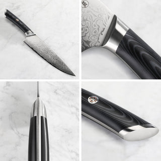 
                    
                      Chef knife with patterned Damascus steel blade and black wood handle, shown from multiple close-up angles.
                    
                  