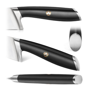
                    
                      Black fillet knife handle with silver metal accents and a small circular emblem, shown from multiple angles.
                    
                  