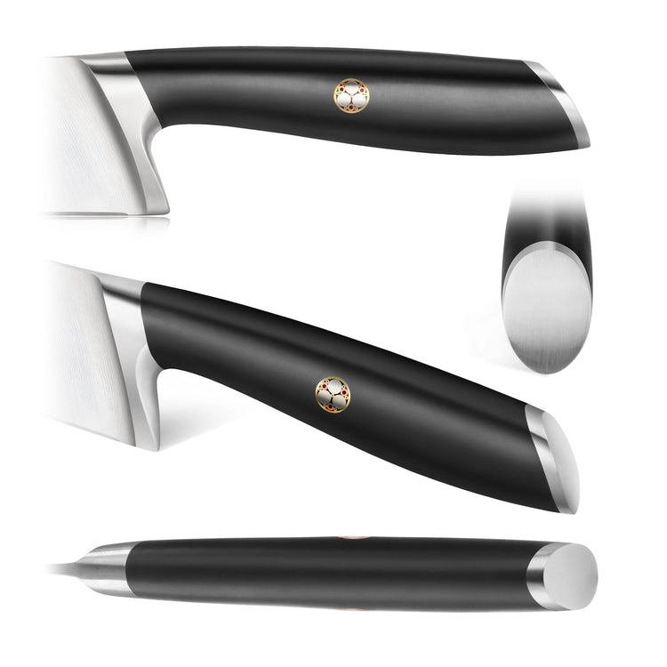 Black fillet knife handle with silver metal accents and a small circular emblem, shown from multiple angles.