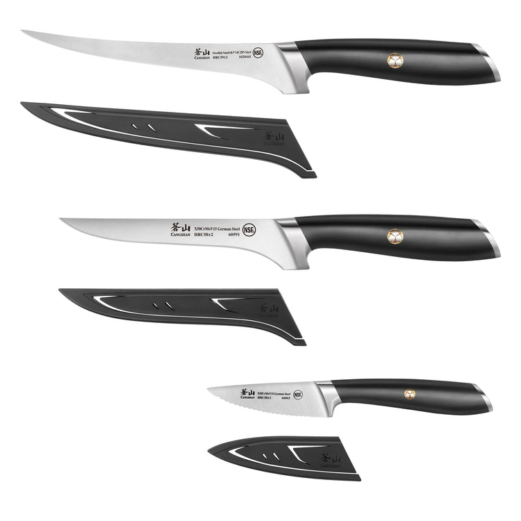 Three black-handled fillet knives of different sizes with matching black protective sheaths.