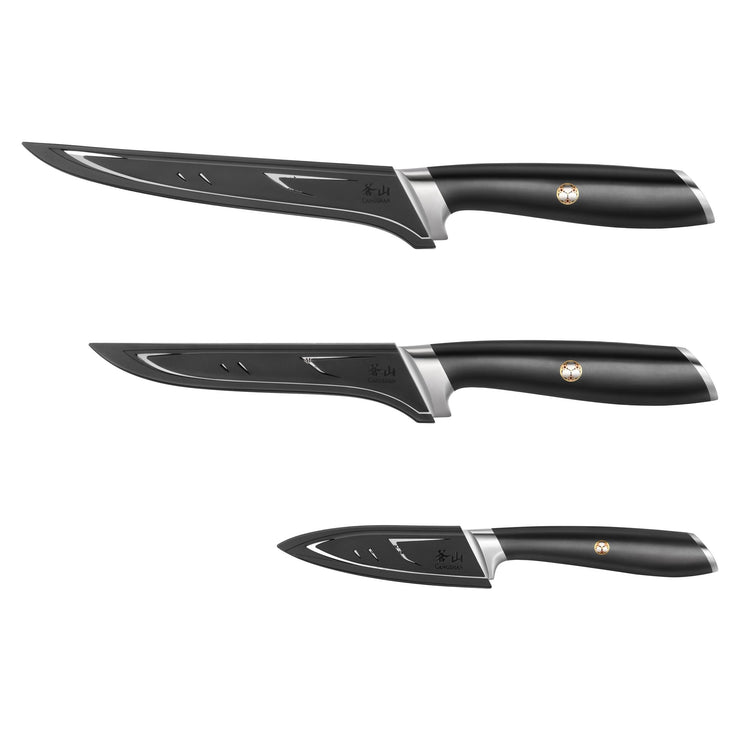 Three black fillet knives with curved blades and black handles, arranged horizontally on a white background.