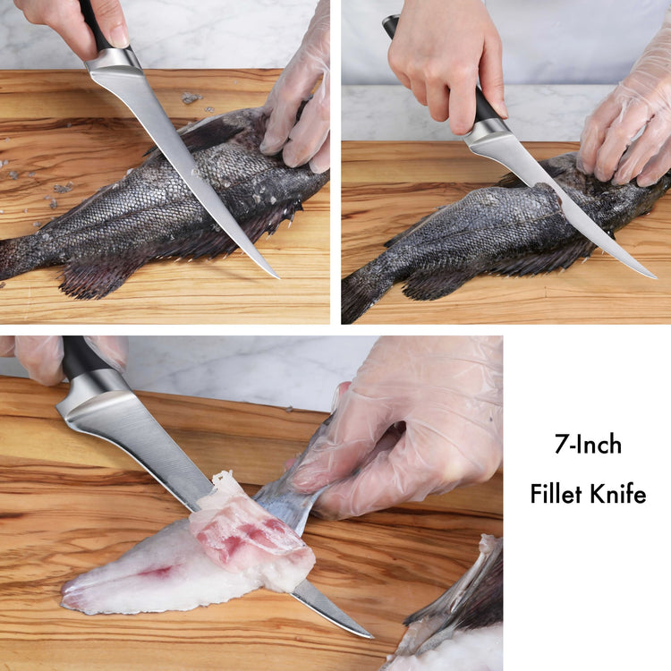 Hands wearing gloves filleting a whole fish on a wooden board using a curved fillet knife with a black handle.